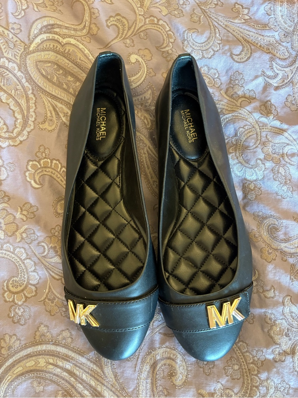 Michael Kors Black Ballet Flats with Gold MK Emblem - Size 8.5